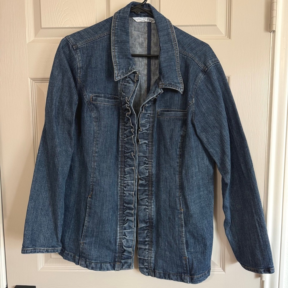 RoxB Womens XXL Dark Wash Ruffle Front Stretch Denim Jacket Blue Button Up
